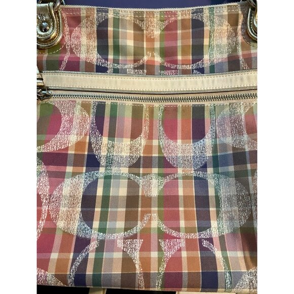 COACH Tote Shoulder Bag Poppy Multi Madras Signature Pastel Plaid Sequins - Picture 13 of 14